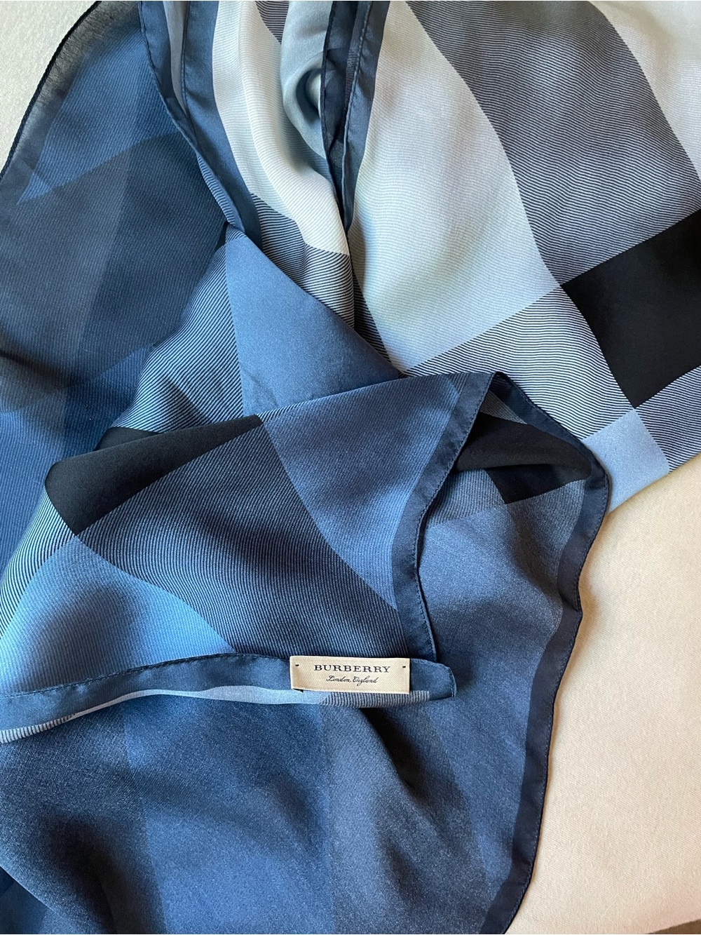 Original Burberry Tricolor Blue, Gray Black Check Silk Long Scarf
